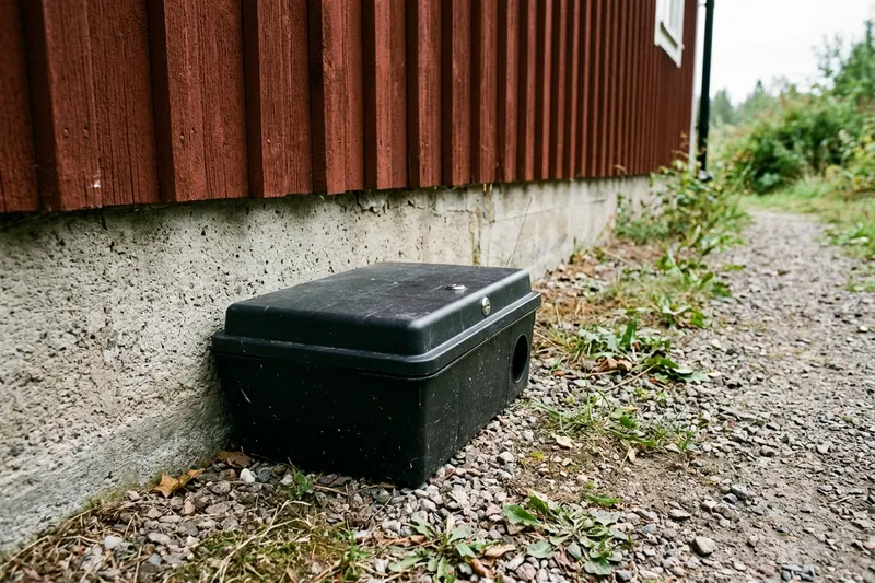 Låst betesstation av svart slagtålig plast mot en husvägg vid en grusgång