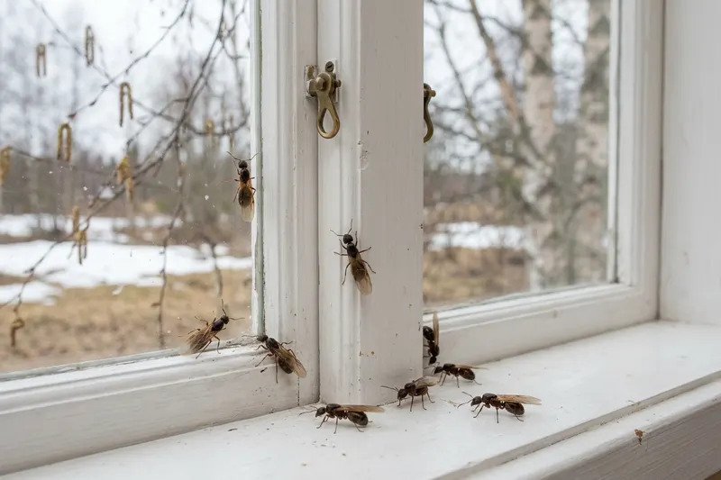 Bevingade myror på insidan av en fönsterruta i ett vardagsrum en tidig vårdag