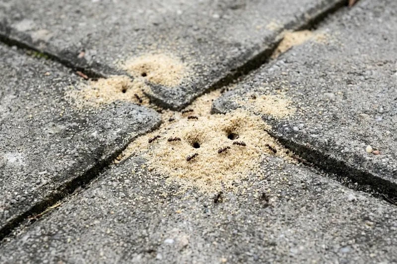 Små högar av fin sand som myror har burit upp mellan grå betongplattor på en uteplats