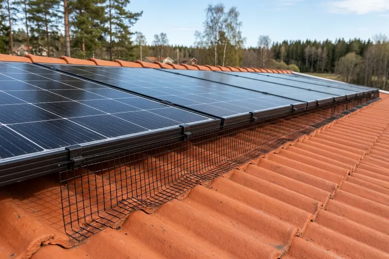 Metallnät monterat runt kanten på en solpanelgrupp på ett tegeltak, fäst i panelramen