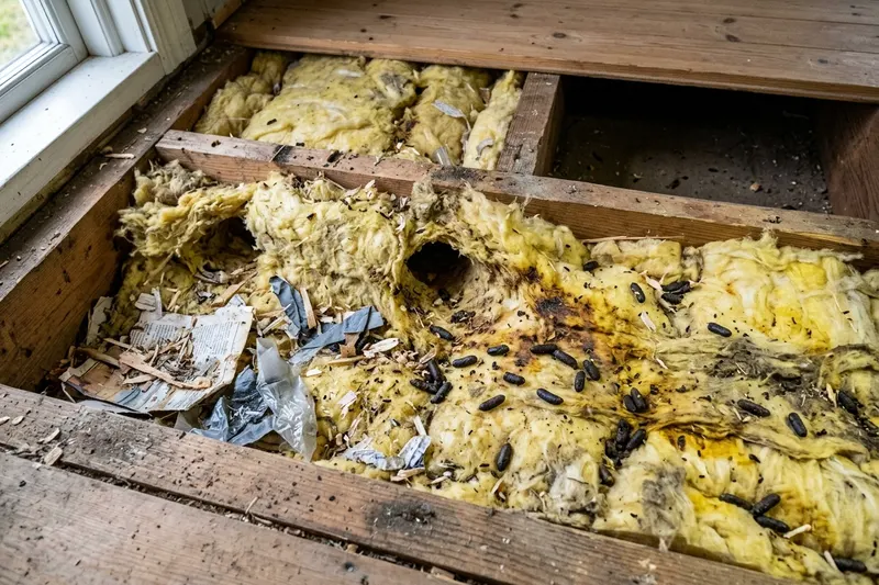 Mineralull i ett bjälklag med gångar, bomaterial och mörka urinfläckar efter råttor