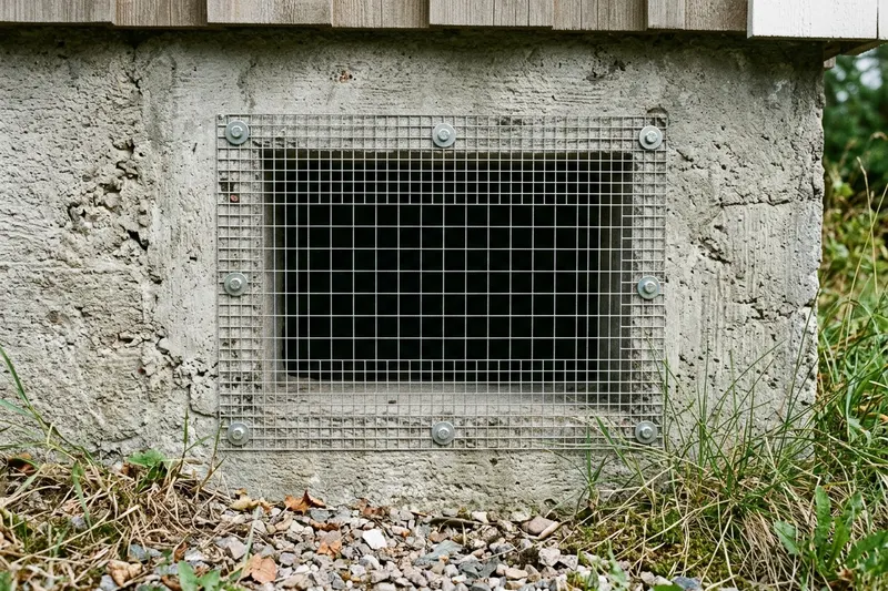 Ventil i en husgrund täckt med finmaskigt galvaniserat nät som är fäst med skruv