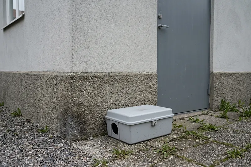 Låst grå betesstation på marken vid en husgrund bredvid en soprumsdörr, utan skyltar eller namn