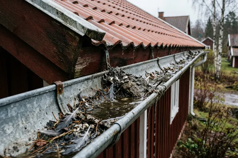 Duvspillning, fjädrar och kvistar som sätter igen en hängränna av plåt vid takfoten