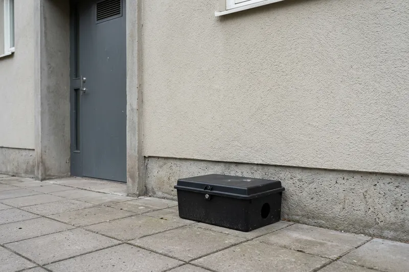 Låst betesstation i svart plast vid fasaden intill ett soprum