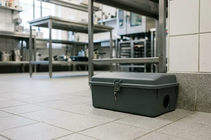 Låst station längs väggen i ett storkök med rostfria bänkar och klinkergolv
