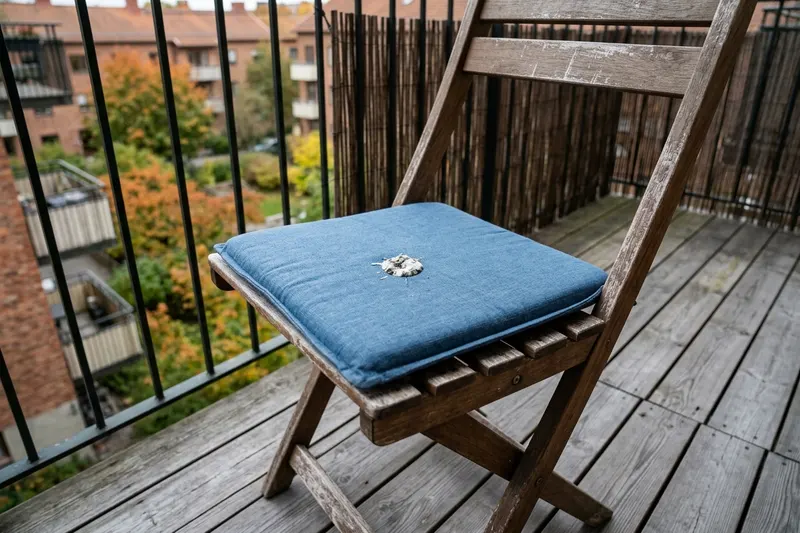 Blå utedyna på en balkongstol med en vit klick fågelspillning på sitsen