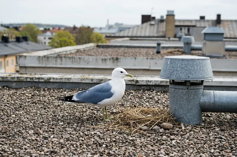 Platt tak med grus sett från sidan, där en fiskmås står vid ett bo av strå och grus intill en ventilationshuv