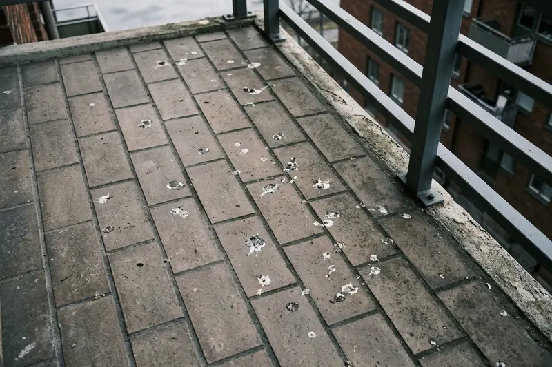 Fågelspillning i vita och grå fläckar på ett balkonggolv av klinker intill ett balkongräcke av plåt