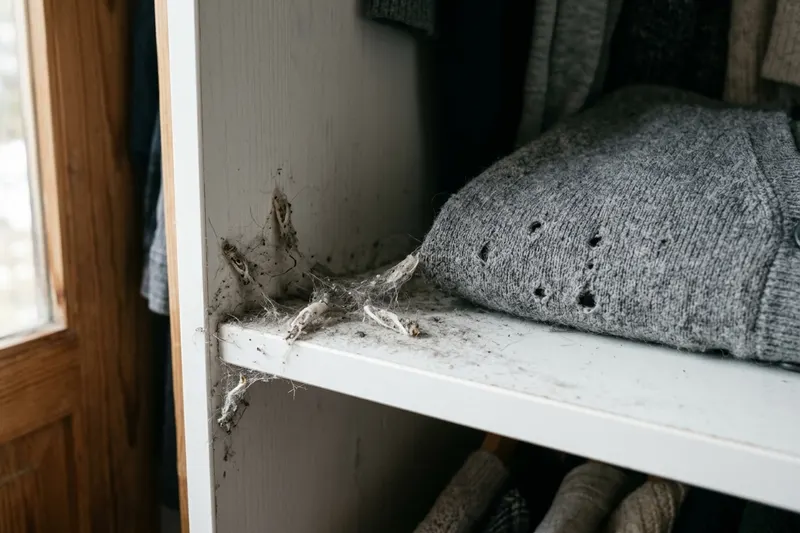 Ludd och spunna larvrör som liknar spindelväv i skarven mellan hyllplan och vägg längst in i en garderob, med små oregelbundna hål i en grå ullkofta bredvid