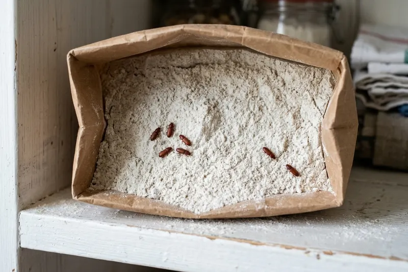 En öppnad papperspåse med vetemjöl på en skafferihylla, mjölet gråaktigt med några små rödbruna baggar på ytan