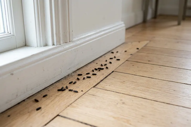 Musspillning längs en vit golvlist på ett trägolv i ett kök, små mörka spetsiga korn på 3 till 6 mm