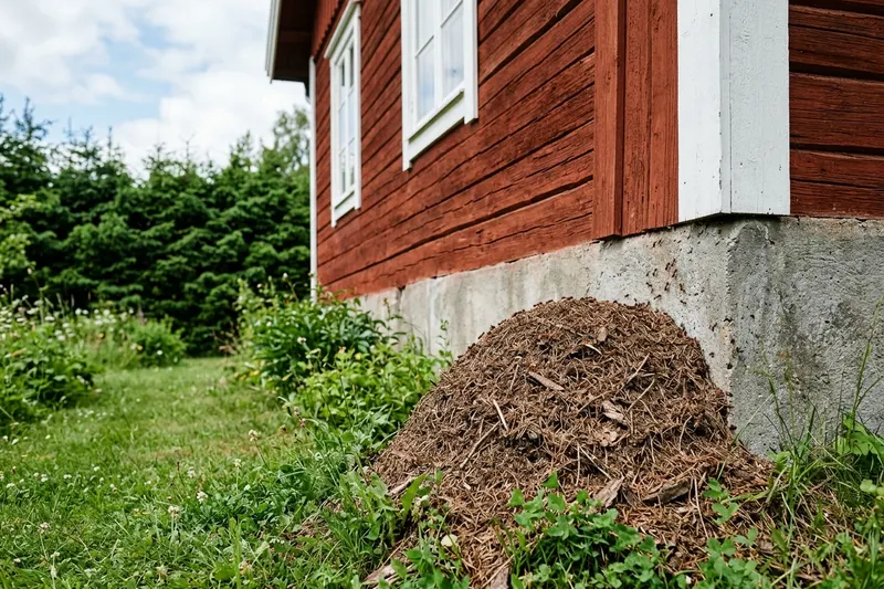 Myrstack av barr och kvistar som ligger tätt intill en grå betonggrund på ett rött trähus