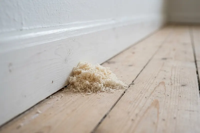 Liten hög av fint ljust träspån på golvet intill en vit golvlist i ett trähus