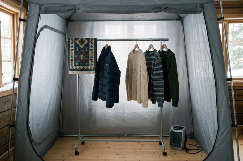 Ullmatta och ylleplagg inne i ett värmetält