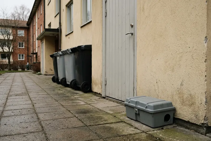 Låst betesstation i grå plast längs fasaden vid ett soprum på en innergård, med stängda sopkärl i bakgrunden