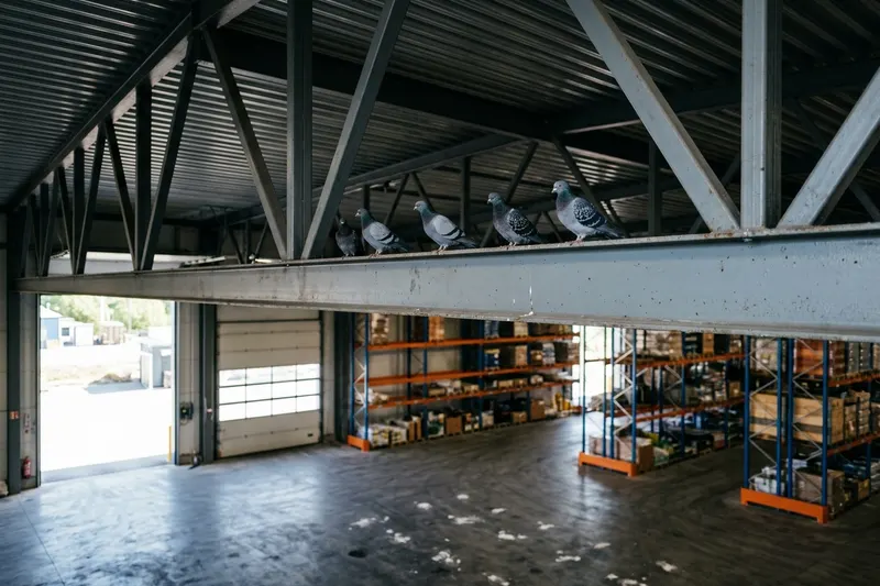 Tamduvor som sitter på en stålbalk under taket i en lagerlokal, med en öppen port och pallställ i bakgrunden och vita spillningsfläckar på golvet under balken