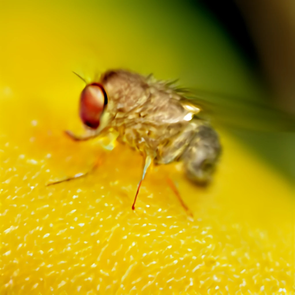 En bananfluga på gul frukt, gulbrun med röda ögon