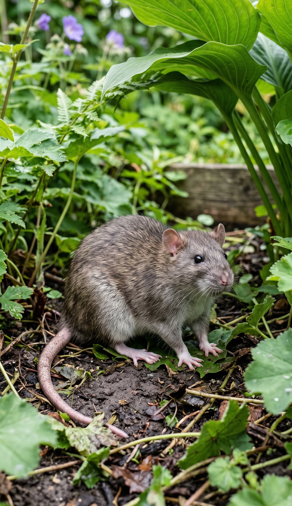 Brunråtta med gråbrun päls bland gröna blad i en rabatt nära marken