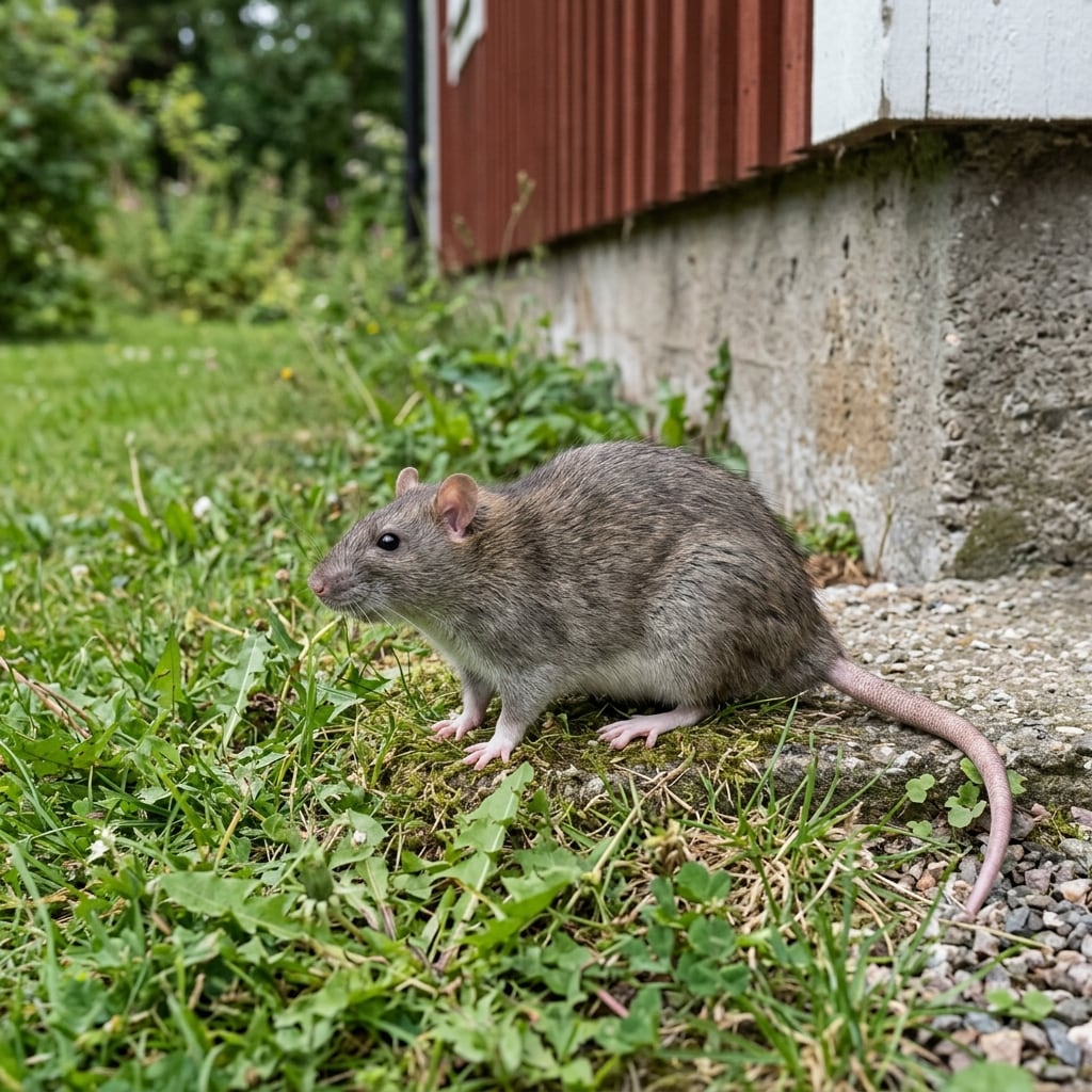 Vuxen brunråtta med gråbrun päls, trubbig nos och små öron