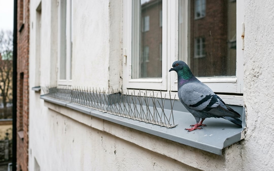 Tamduva som står på den bara änden av ett fönsterbleck i plåt, bredvid en list med fågelpiggar