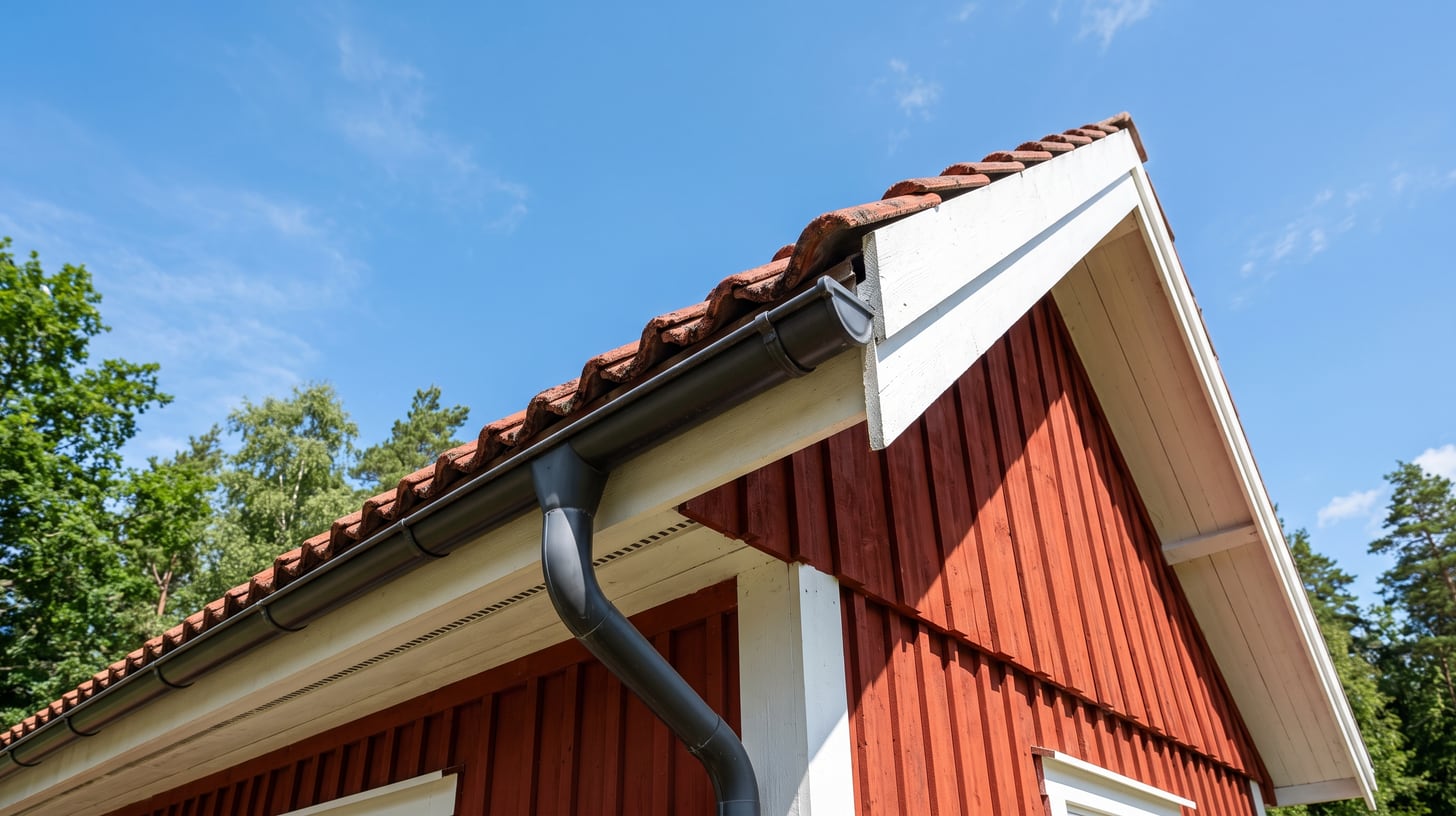 Takfoten på ett rött trähus med tegeltak, sedd från marken